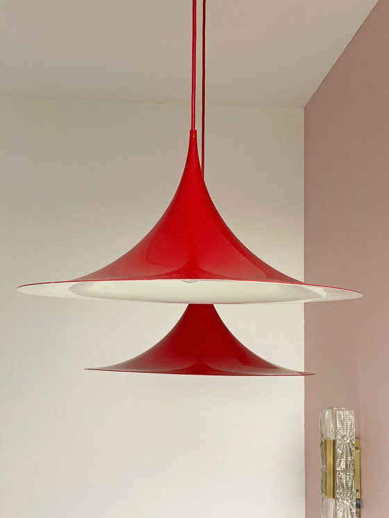 Image 1 of 2X Fog & Mørup Red Semi Suspension Lampe par Bonderup & Thorup, 1960S