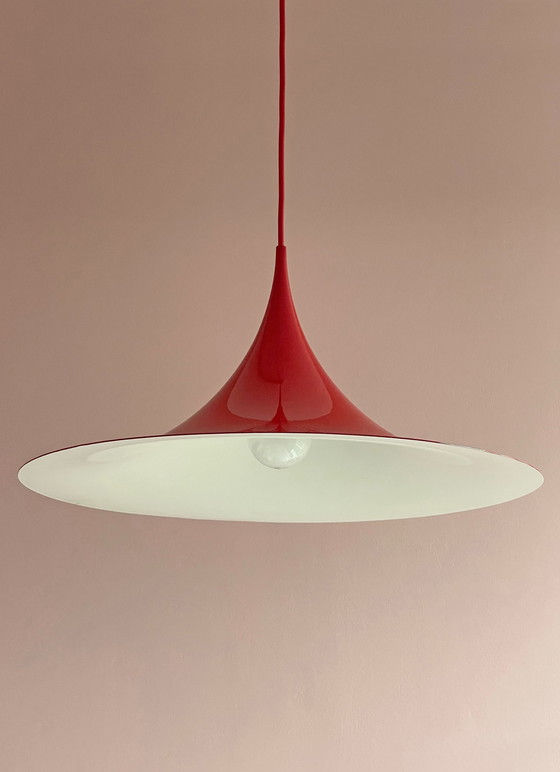 Image 1 of 2X Fog & Mørup Red Semi Suspension Lampe par Bonderup & Thorup, 1960S