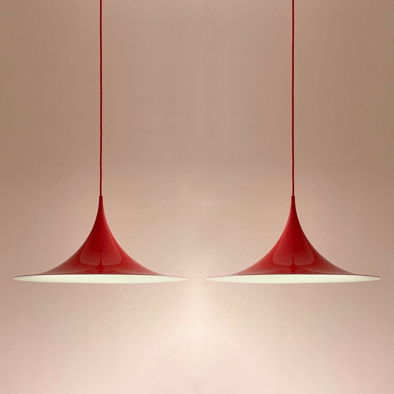Image 1 of 2X Fog & Mørup Red Semi Suspension Lampe par Bonderup & Thorup, 1960S