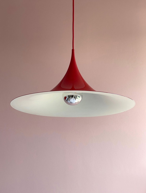 Image 1 of 2X Fog & Mørup Red Semi Suspension Lampe par Bonderup & Thorup, 1960S
