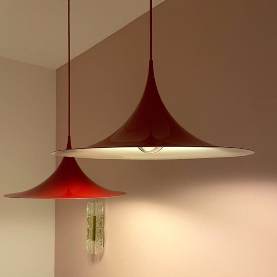 Image 1 of 2X Fog & Mørup Red Semi Suspension Lampe par Bonderup & Thorup, 1960S