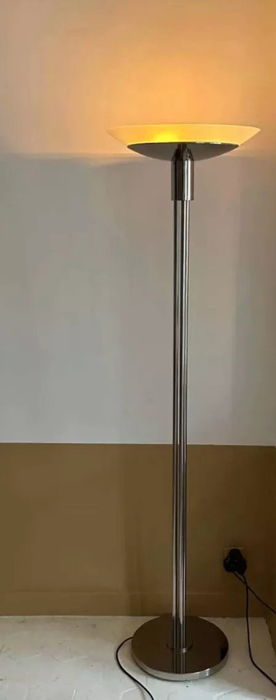 Image 1 of Lampadaire Vintage Moderniste « Modèle 44 » Perzel Métal Chromé Et Verre Sablé