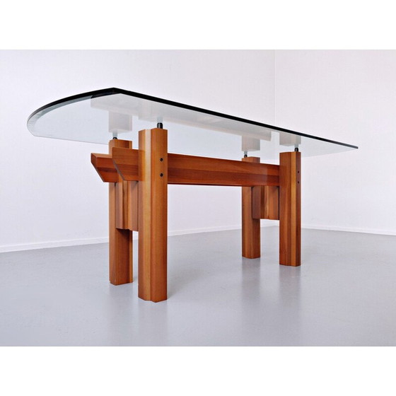 Image 1 of Table de salle à manger vintage, plateau en bois et verre par Franco Poli pour Bernini Italian 1979