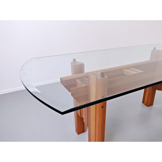 Image 1 of Table de salle à manger vintage, plateau en bois et verre par Franco Poli pour Bernini Italian 1979