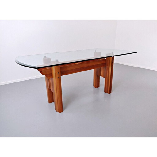 Table de salle à manger vintage, plateau en bois et verre par Franco Poli pour Bernini Italian 1979
