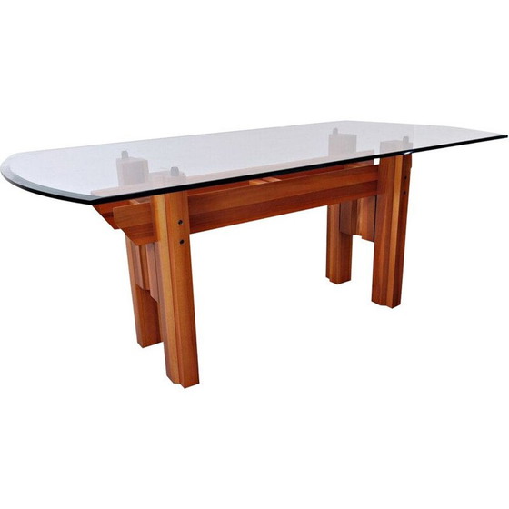 Image 1 of Table de salle à manger vintage, plateau en bois et verre par Franco Poli pour Bernini Italian 1979