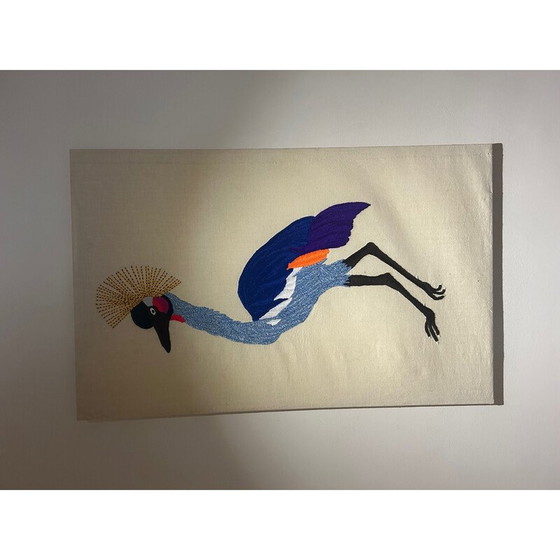 Image 1 of Tapisserie vintage d'oiseaux montée sur coton tendu, 1970