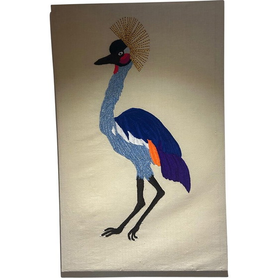 Image 1 of Tapisserie vintage d'oiseaux montée sur coton tendu, 1970