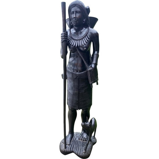 Image 1 of Sculpture vintage en bois d'une jeune femme et de son chien, Philippines 1950