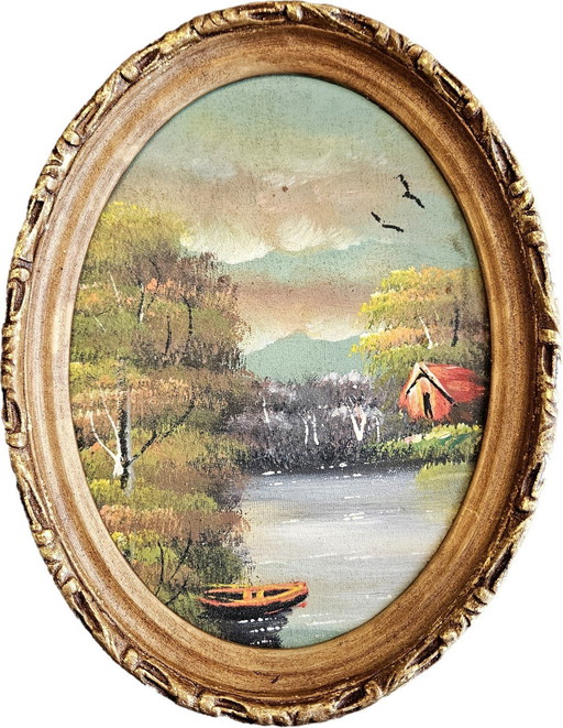 Tableau à l'huile vintage d'Egypte avec cadre en bois