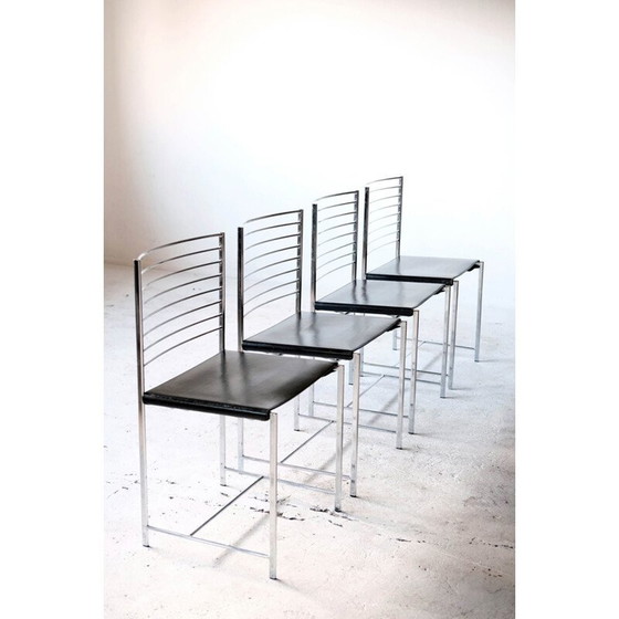 Image 1 of Ensemble de 4 chaises vintage en chrome et cuir par Cidue, Italie 1970