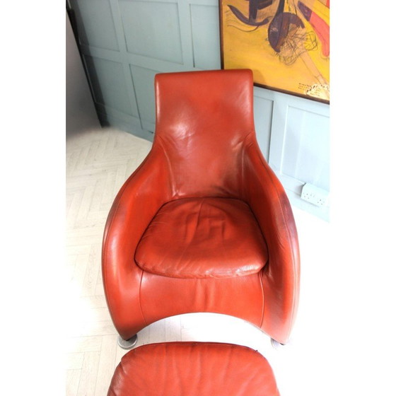 Image 1 of Fauteuil et repose-pieds en cuir Mid Century orange brûlé par Gerard Van Den Berg