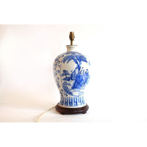 Lampe de table vintage en porcelaine bleue et blanche