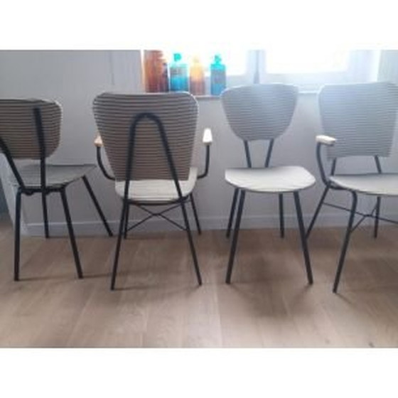 Image 1 of Ensemble de 4 chaises vintage à motifs rayés, années 1950