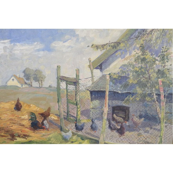 Image 1 of Peinture à l'huile vintage avec cadre doré de Johan Jacobsen, 1940