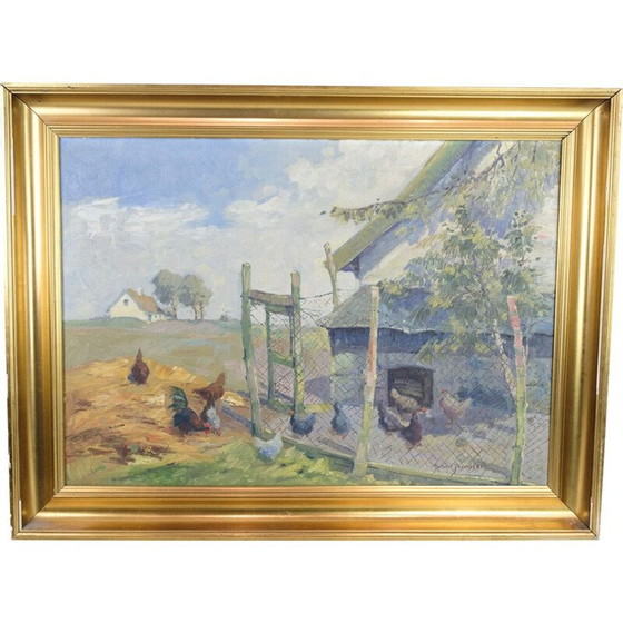 Image 1 of Peinture à l'huile vintage avec cadre doré de Johan Jacobsen, 1940