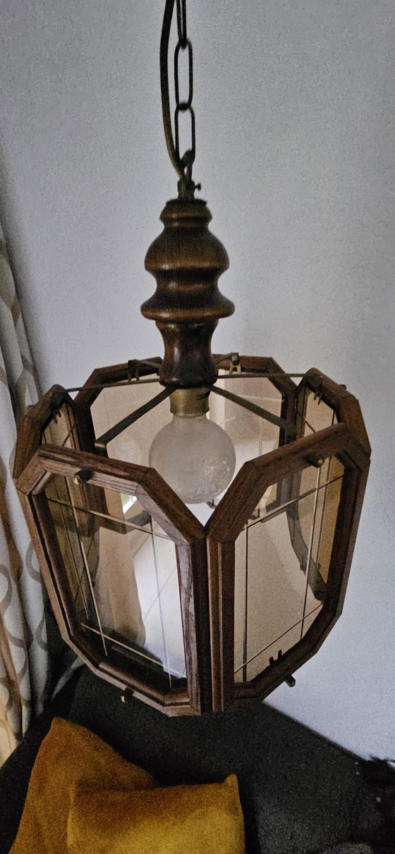 Image 1 of Lampe suspendue en chêne avec verre fumé Diamonds 1960