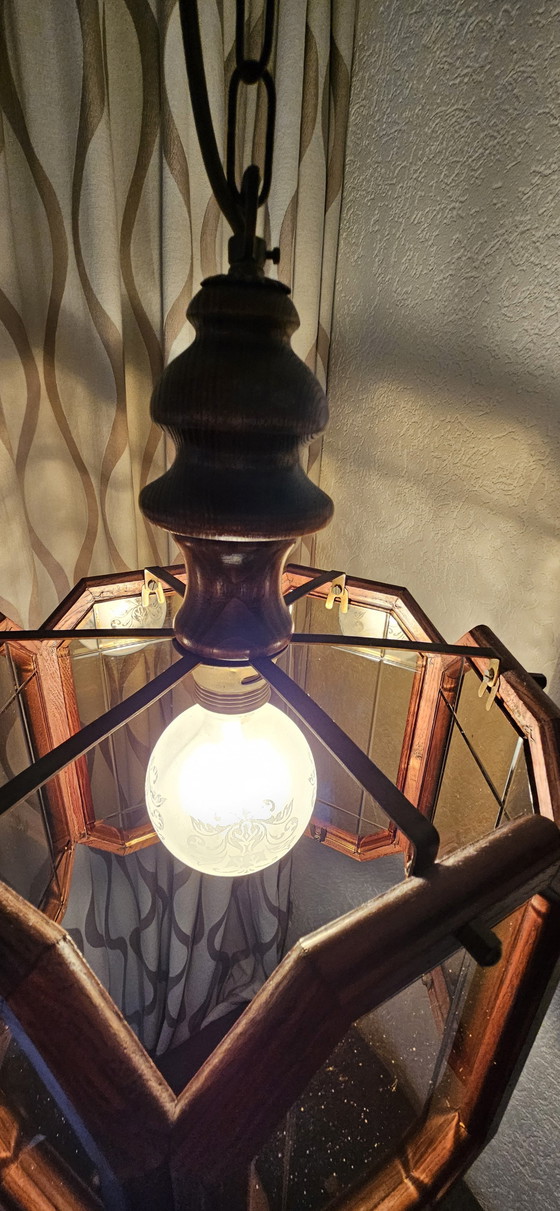 Image 1 of Lampe suspendue en chêne avec verre fumé Diamonds 1960