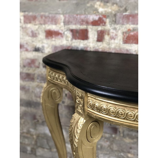 Console vintage en bois sculpté avec plateau en bois ciré noir, 1980