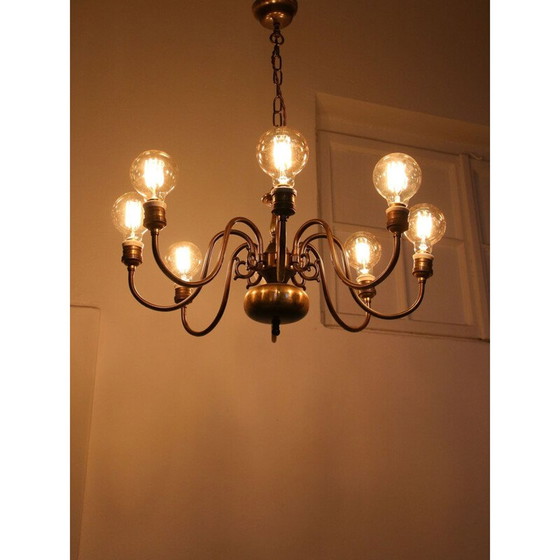 Image 1 of Lustre minimal en laiton vintage à 8 branches