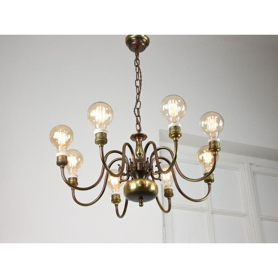 Image 1 of Lustre minimal en laiton vintage à 8 branches
