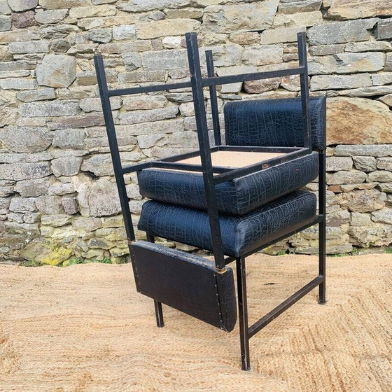 Image 1 of Ensemble de 4 chaises basses vintage en métal noir et skaï noir mat, 1980