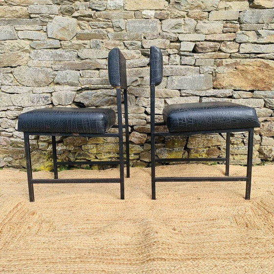 Image 1 of Ensemble de 4 chaises basses vintage en métal noir et skaï noir mat, 1980