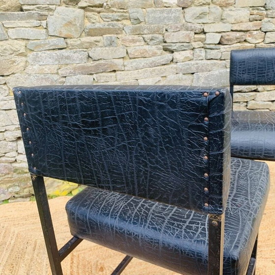 Image 1 of Ensemble de 4 chaises basses vintage en métal noir et skaï noir mat, 1980