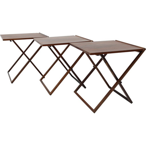 Meuble vintage avec 3 tables pliantes par Illum Wikkelso pour Silkeborg, Danemark 1960