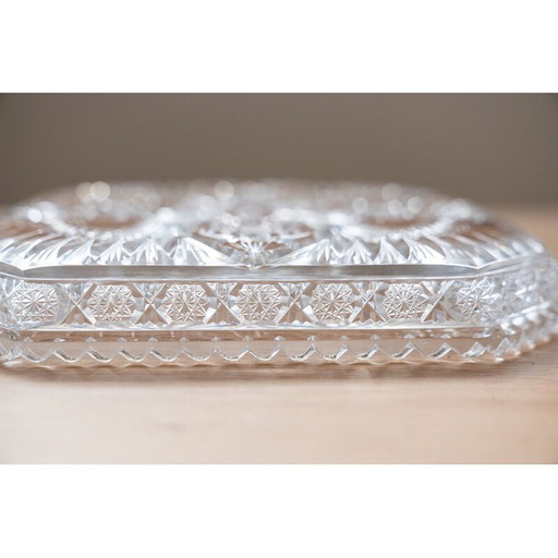 Plateau vintage carré en cristal de Bohème sculpté à la main