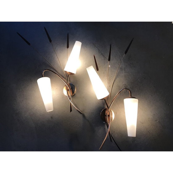 Image 1 of Paire d'appliques vintage en laiton avec globes opalins, 1950