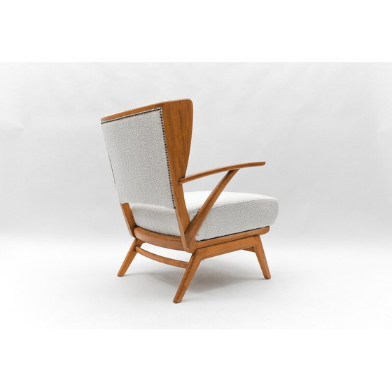 Image 1 of Fauteuil à oreilles vintage en tissu Boucle blanc et bois, Italie 1950
