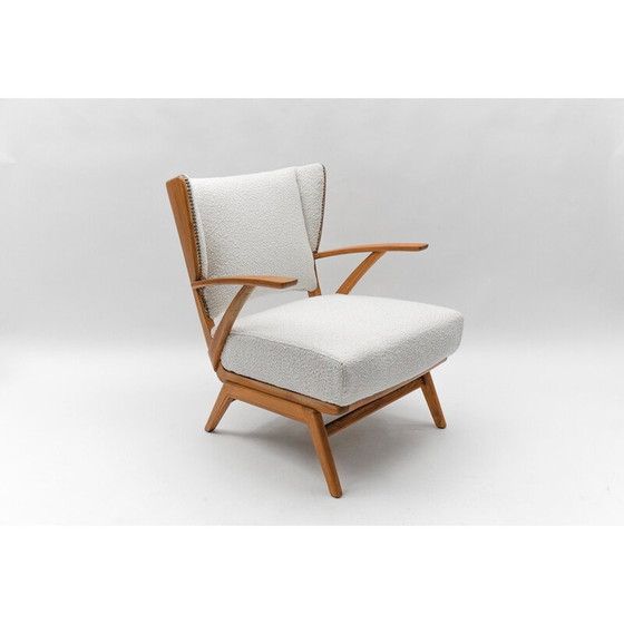 Image 1 of Fauteuil à oreilles vintage en tissu Boucle blanc et bois, Italie 1950