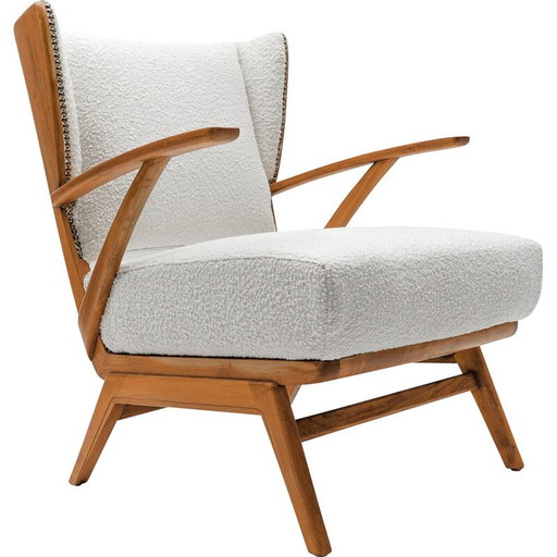 Fauteuil à oreilles vintage en tissu Boucle blanc et bois, Italie 1950