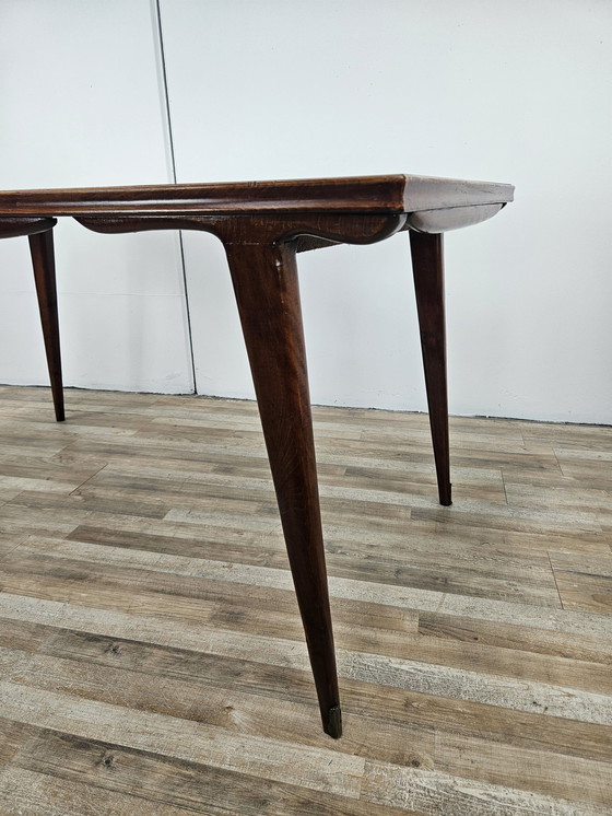 Image 1 of Table en hêtre Mid Century avec plateau en verre à effet marbré