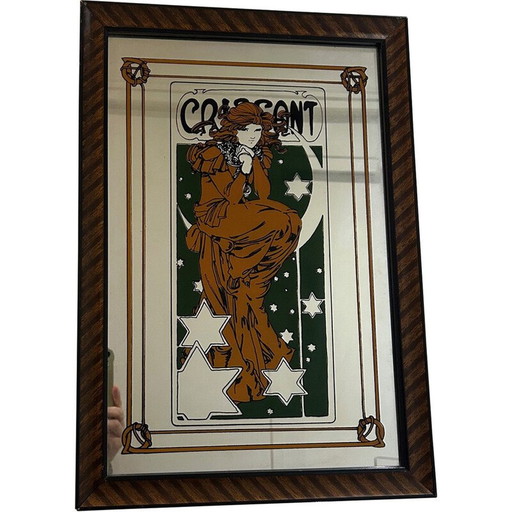 Miroir vintage à cadre en bois d'Alphonse Mucha, 1970