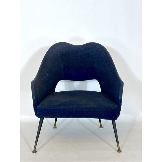 Image 1 of Fauteuil italien vintage en tissu bleu et laiton, années 1950