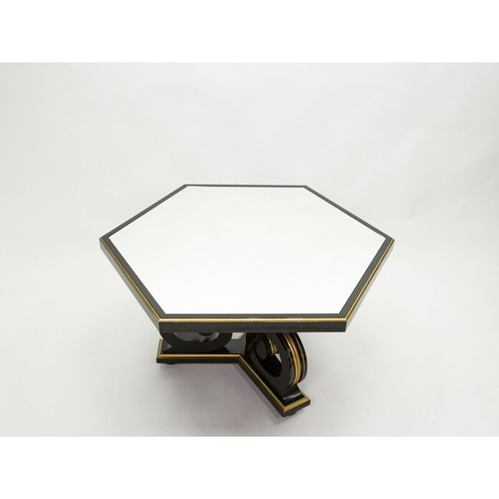 Image 1 of Table de salle à manger vintage néoclassique Maurice Hirsch bois noir miroir doré, France 1970