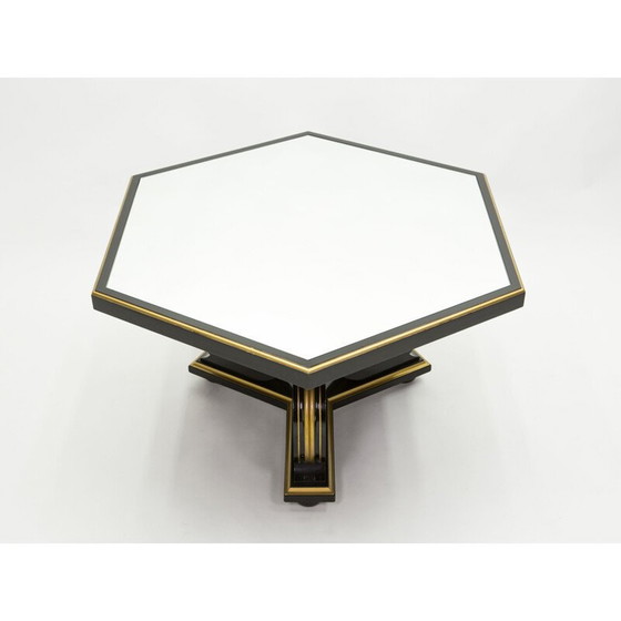 Image 1 of Table de salle à manger vintage néoclassique Maurice Hirsch bois noir miroir doré, France 1970