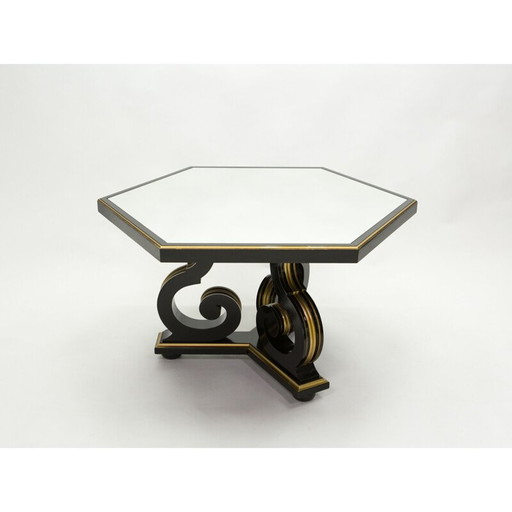 Table de salle à manger vintage néoclassique Maurice Hirsch bois noir miroir doré, France 1970