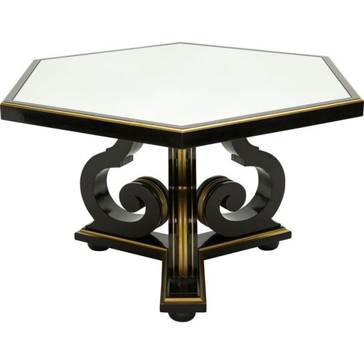 Table de salle à manger vintage néoclassique Maurice Hirsch bois noir miroir doré, France 1970