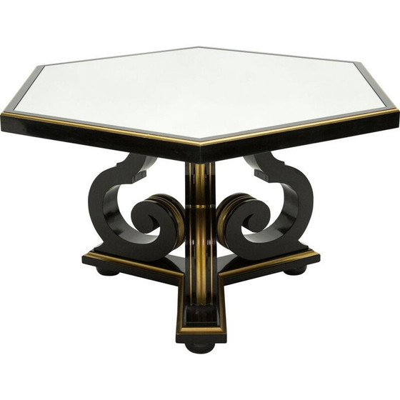 Image 1 of Table de salle à manger vintage néoclassique Maurice Hirsch bois noir miroir doré, France 1970