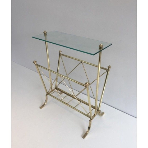 Image 1 of Porte-revues vintage néoclassique en laiton avec étagère en verre par Maison Jansen