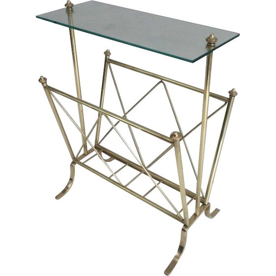 Image 1 of Porte-revues vintage néoclassique en laiton avec étagère en verre par Maison Jansen