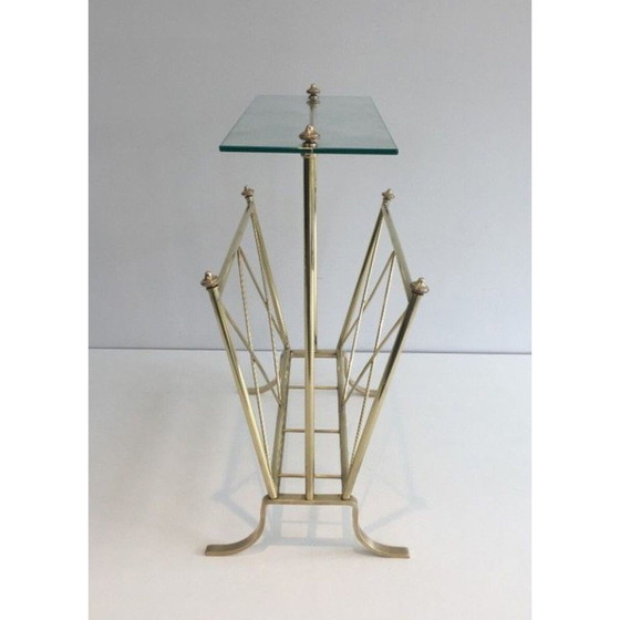 Image 1 of Porte-revues vintage néoclassique en laiton avec étagère en verre par Maison Jansen