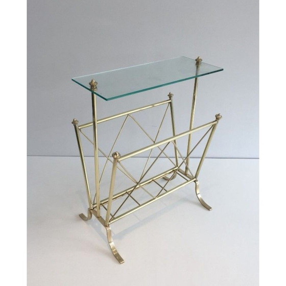 Image 1 of Porte-revues vintage néoclassique en laiton avec étagère en verre par Maison Jansen