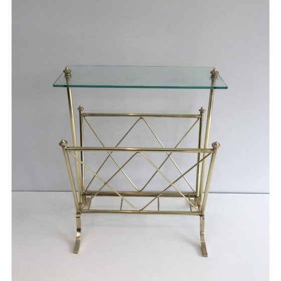 Image 1 of Porte-revues vintage néoclassique en laiton avec étagère en verre par Maison Jansen