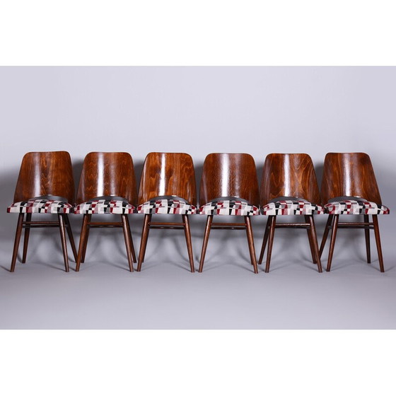 Image 1 of Ensemble de 6 chaises vintage en bois de hêtre et tissu par Oswald Heardtl, Tchécoslovaquie 1950