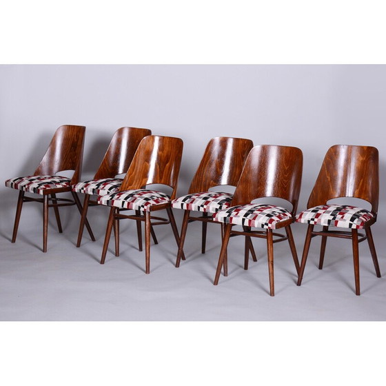 Image 1 of Ensemble de 6 chaises vintage en bois de hêtre et tissu par Oswald Heardtl, Tchécoslovaquie 1950