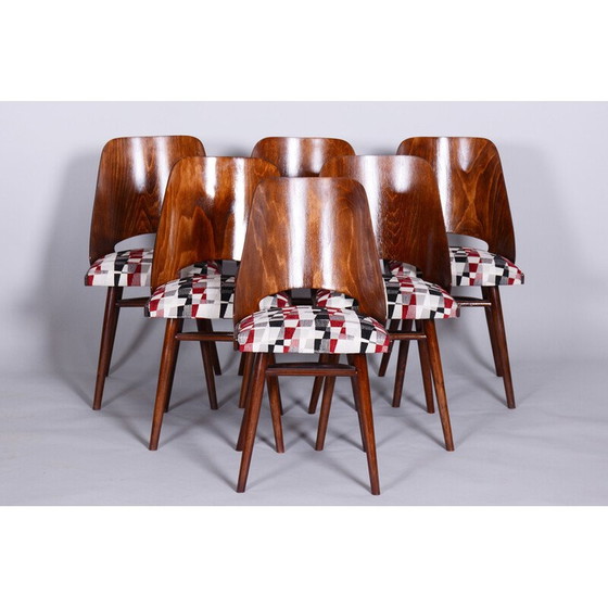Image 1 of Ensemble de 6 chaises vintage en bois de hêtre et tissu par Oswald Heardtl, Tchécoslovaquie 1950